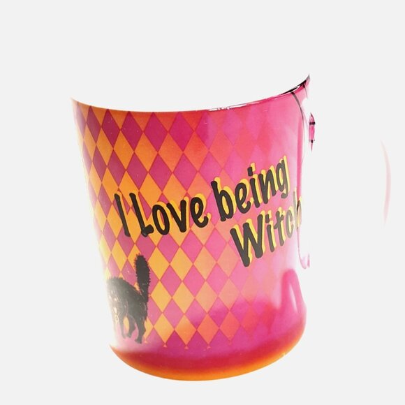 Totally Ghoul Halloween Witch Ceramic Mug Pink/Orange Harlequin Cat & Bat Design - Picture 2 of 7
